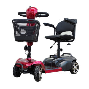 X02C_red_01 | EcoWay Скутери Red and black electric mobility scooter with a front basket, padded seat, and four wheels viewed from the front-left.