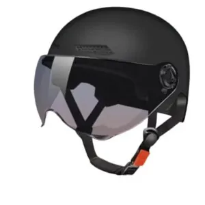 Helmet_701-black-01 | EcoWay Скутери Black helmet with a large transparent visor and adjustable chin strap with an orange buckle.