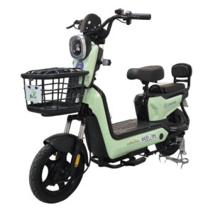 Mint-green electric scooter with a front cargo basket and two-seat setup.