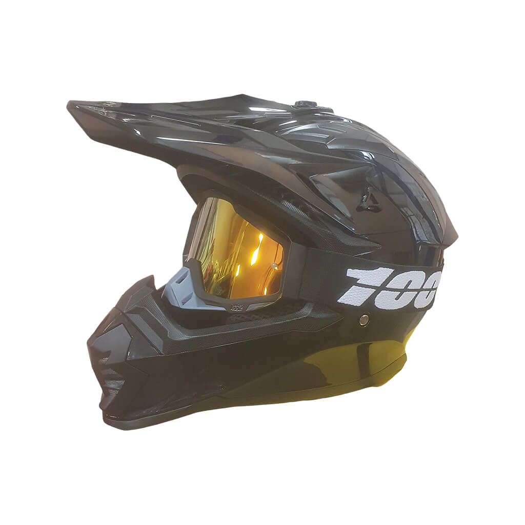 Helmet_913-motor-quad-cross-atv_01 | EcoWay Скутери Black full-face motocross helmet with amber mirrored goggles and integrated visor, shown from the side for product display