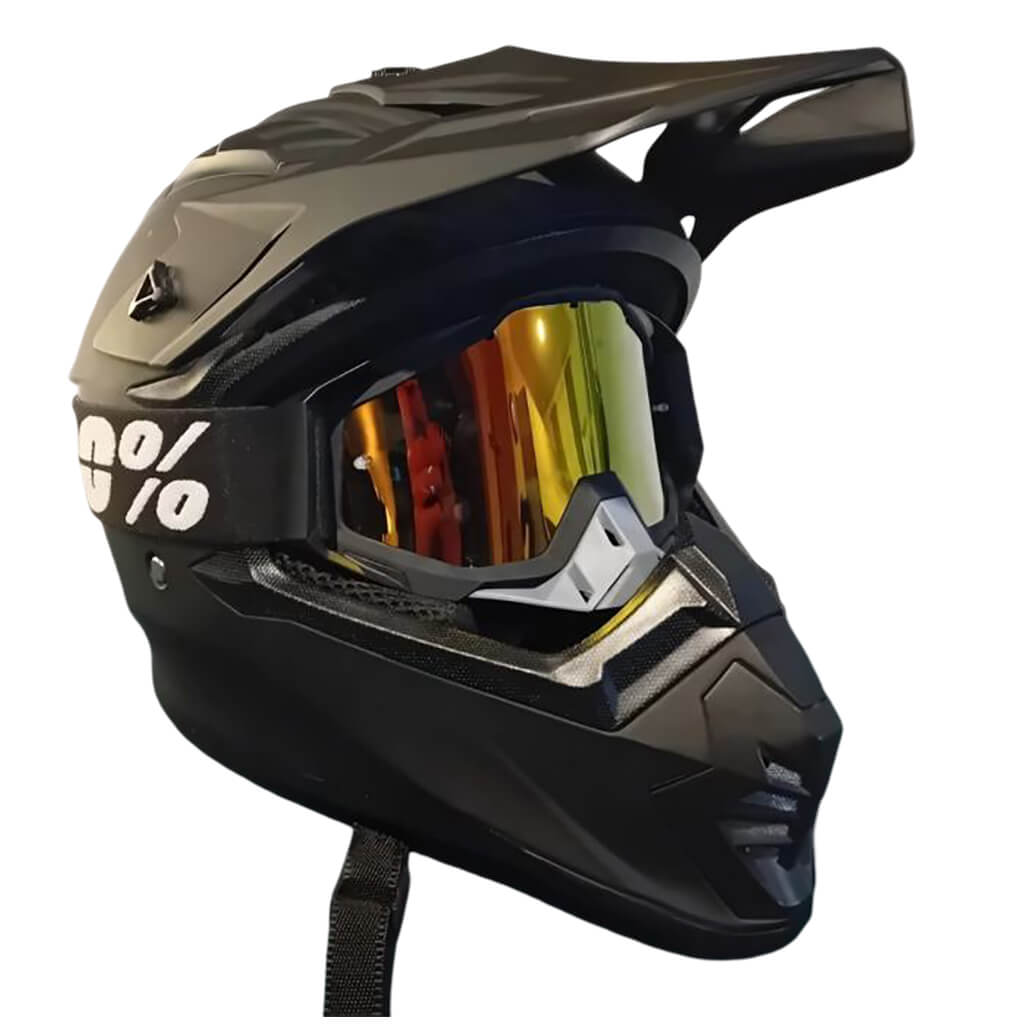 Helmet_913-motor-quad-cross-atv_03 | EcoWay Скутери Black full-face motocross helmet with tinted reflective goggles and chin guard, shown in side view with strap visible. 2) Detachable visor and rugged build for off-road riding. 3) Full-face helmet with gold-tinted goggles, dark exterior, side profile. 4) Off-road helmet and goggles set, side view for motorcycling/photoshooting.