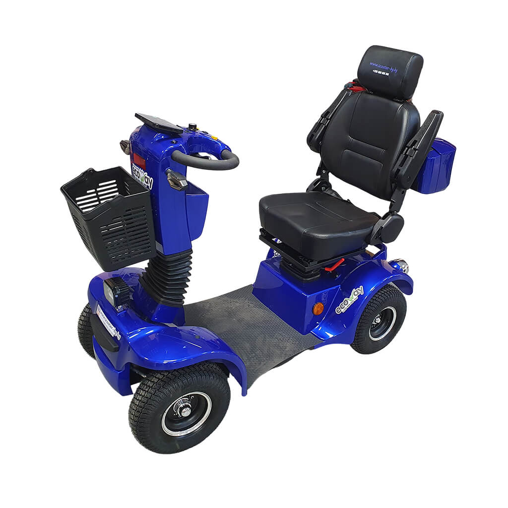 L30_blue_02 | EcoWay Скутери Blue mobility scooter with a front basket, padded seat, and four wheels for outdoor use.