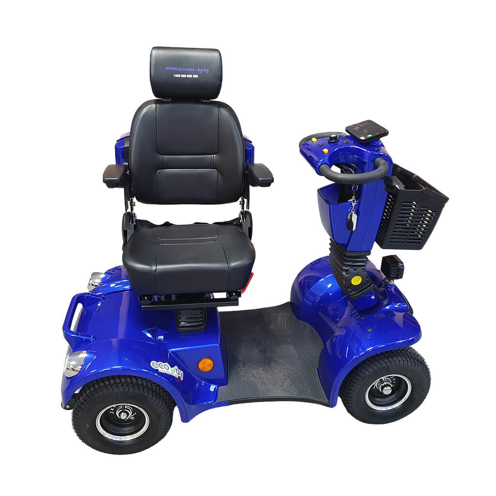 L30_blue_03 | EcoWay Скутери Blue four-wheeled mobility scooter with a padded seat, backrest, and joystick-style control on a blue frame with a front basket.