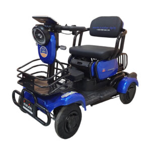 Blue four-wheeled mobility scooter with a front basket, handlebar controls, and a cushioned seat; brand markings visible on body panels.