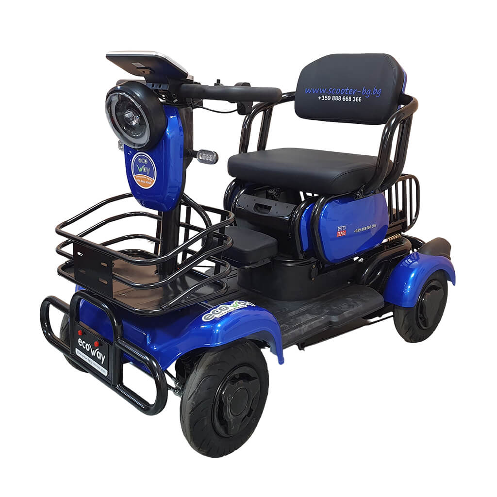 TK_Blue_01 | EcoWay Скутери Blue four-wheeled mobility scooter with a front basket, handlebar controls, and a cushioned seat; brand markings visible on body panels.