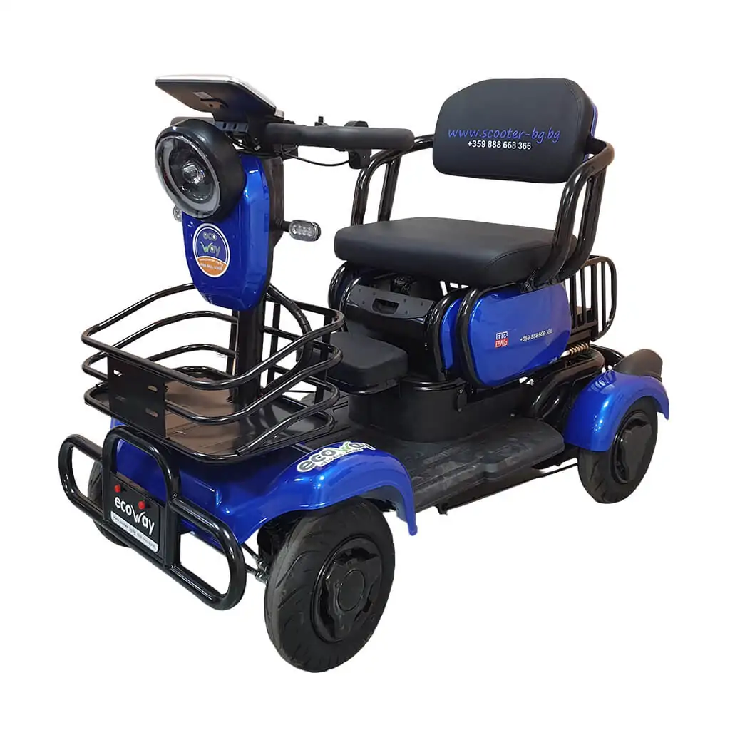 TK_Blue_01 | EcoWay Скутери Blue four-wheeled mobility scooter with a front basket, handlebar controls, and a cushioned seat; brand markings visible on body panels.