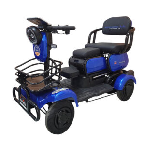 Blue four-wheeled electric mobility scooter with padded seat and backrest for elderly users.
