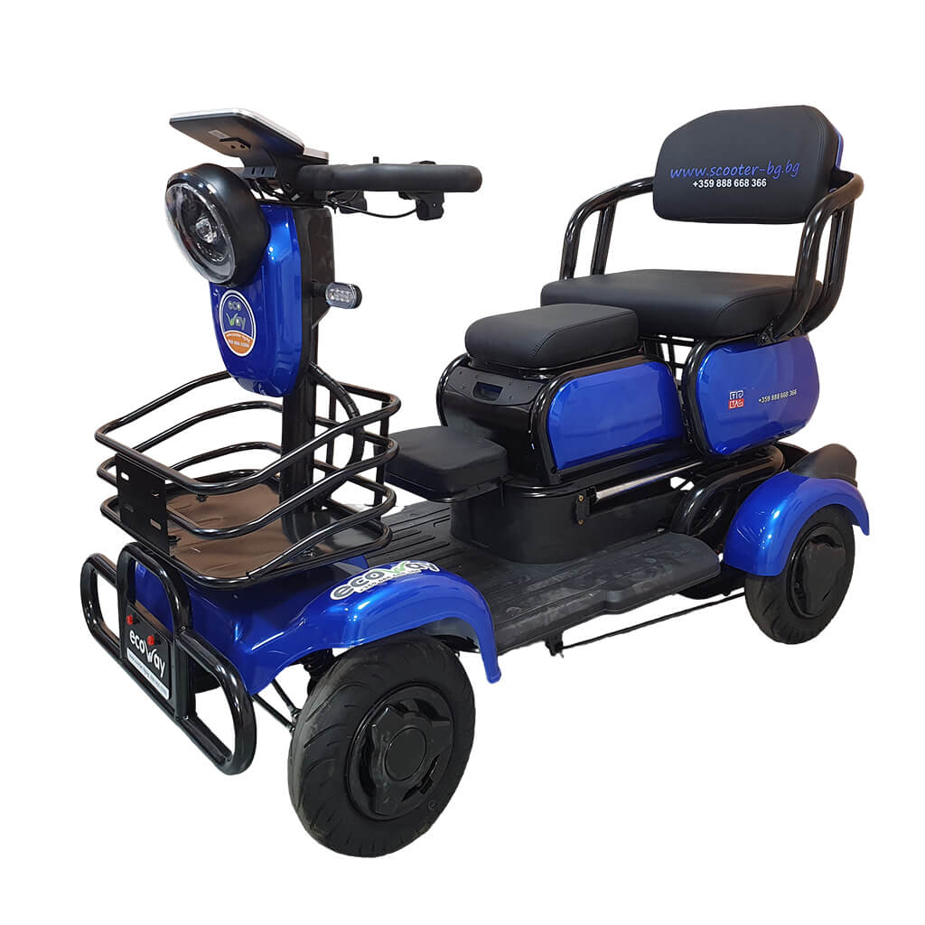 TK_Blue_02 | EcoWay Скутери Blue four-wheeled electric mobility scooter with padded seat and backrest for elderly users.
