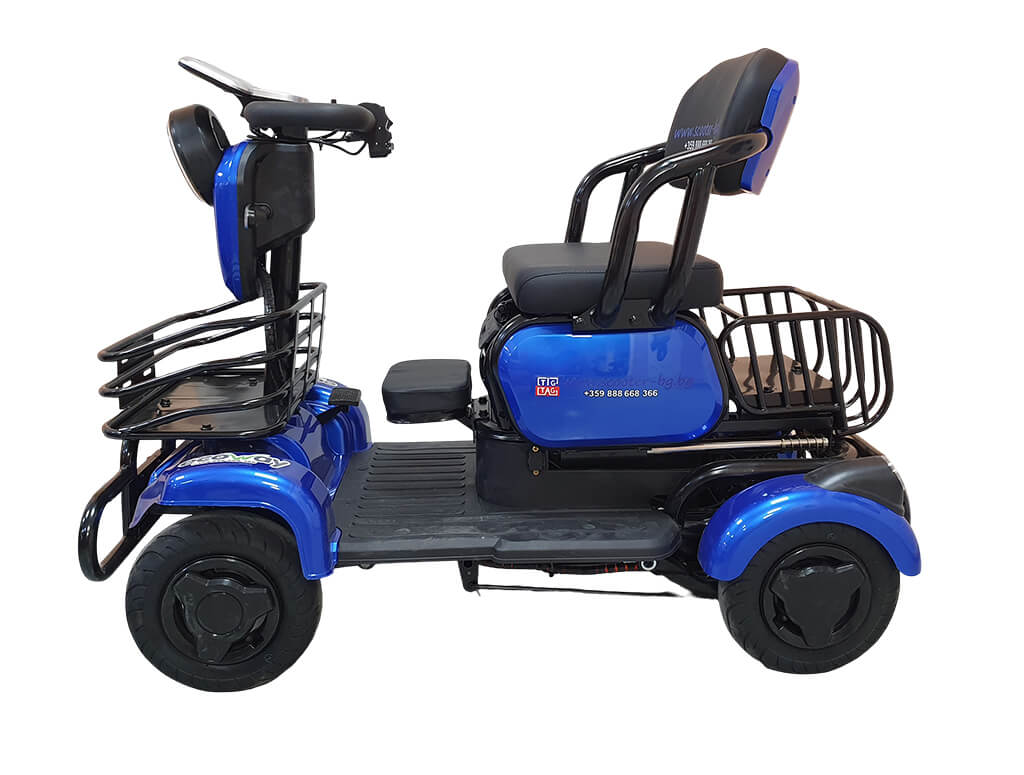 TK_Blue_03 | EcoWay Скутери Blue electric mobility scooter shown from the side with a padded seat, backrest, and front basket area for storage on a white background.