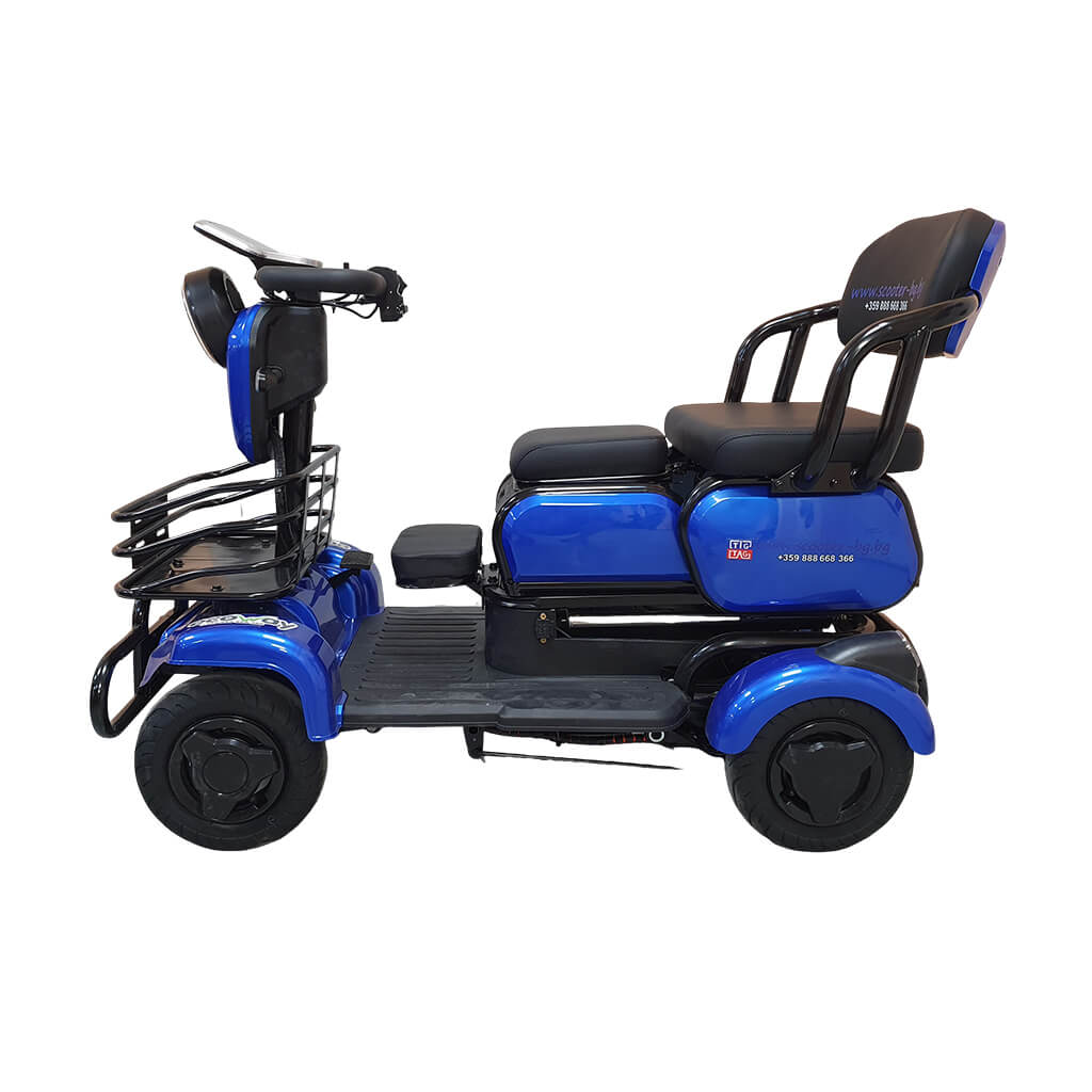 TK_Blue_04 | EcoWay Скутери Blue four-wheeled mobility scooter with a padded seat and backrest, footboard, front basket, and Handles for steering.