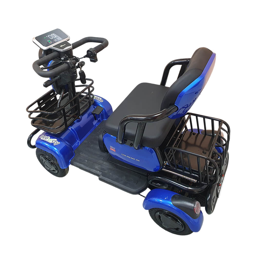 TK_Blue_05 | EcoWay Скутери Blue mobility scooter with a front basket, padded seat, and rear storage rack for carrying items.