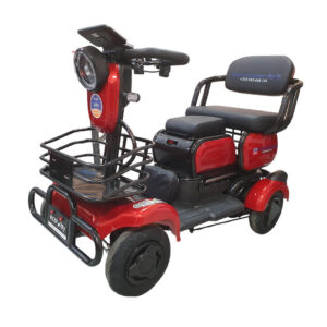 TK_Red_01 | EcoWay Скутери Red four-wheeled mobility scooter with front basket, large headlight, and dual cushioned seats.