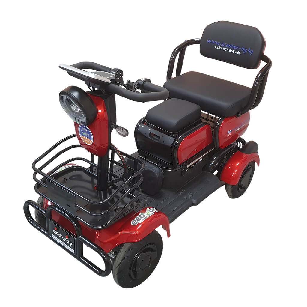 TK_Red_02 | EcoWay Скутери Red four-wheeled mobility scooter with front basket, padded seat and backrest, suitable for adults.