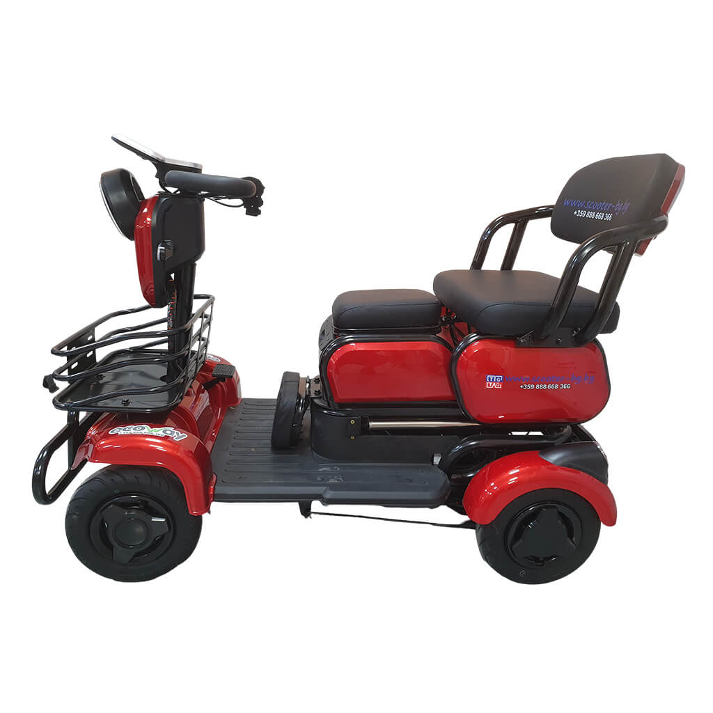 TK_Red_03 | EcoWay Скутери Red four-wheel, two-seat mobility scooter with a front basket and footboard, designed for two riders.