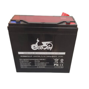 Ecoway 12V 27Ah lead-acid scooter battery with red positive and blue negative terminals, black casing and label on front.