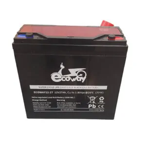 Ecoway 12V 27Ah lead-acid scooter battery with red positive and blue negative terminals, black casing and label on front.