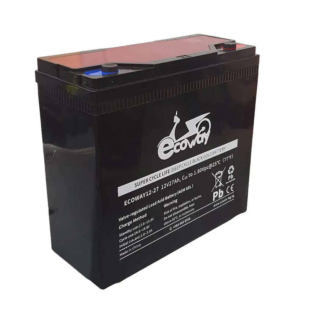 Ecoway deep-cycle lead-acid battery (black) with white label and scooter logo facing forward, shown from a slight angle.
