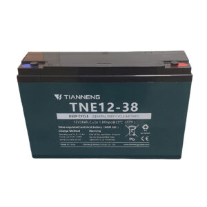 Tianneng TNE12-38 deep-cycle 12V 38Ah AGM/GEL battery with blue negative and red positive terminals.