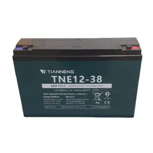 Tianneng TNE12-38 deep-cycle 12V 38Ah AGM/GEL battery with blue negative and red positive terminals.