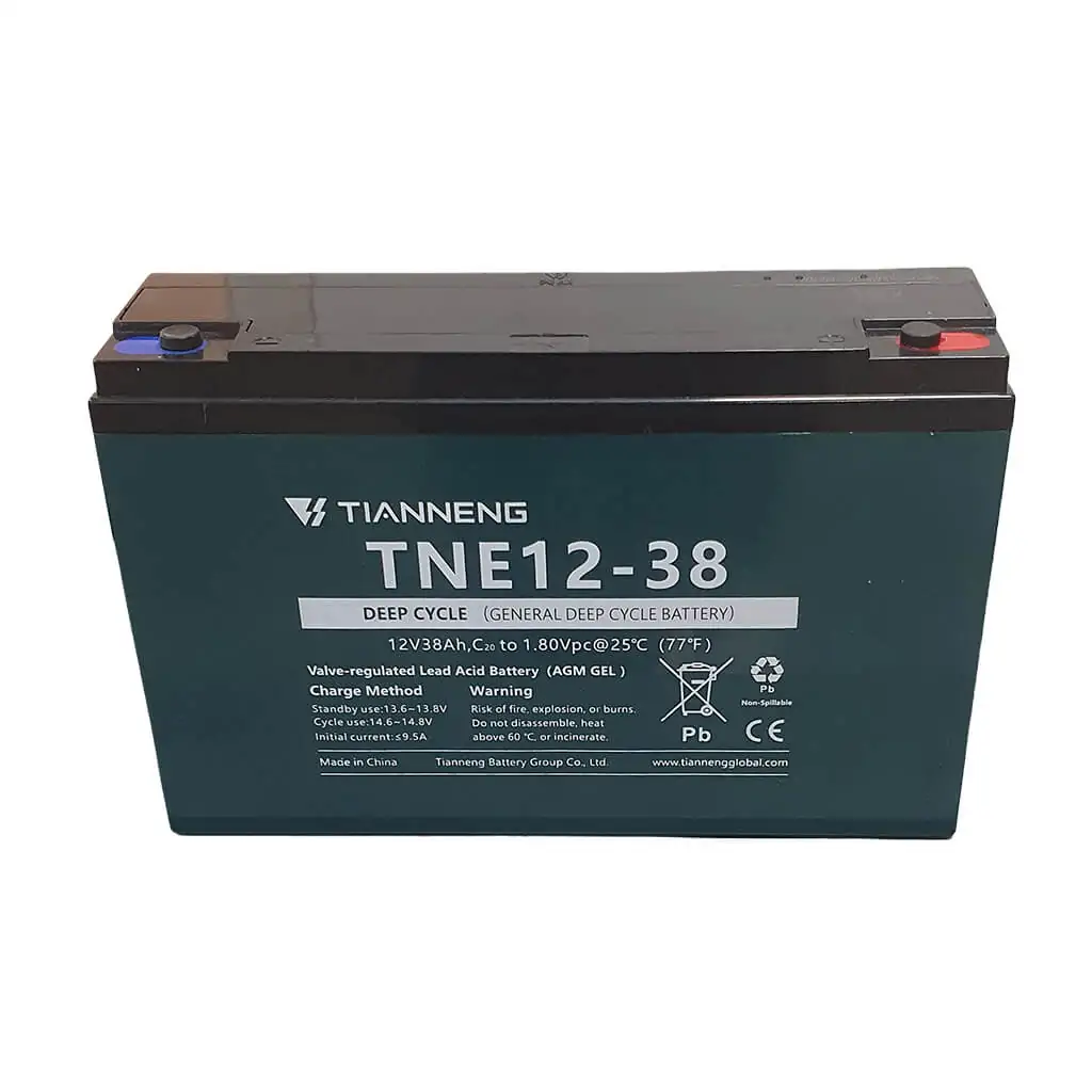 Tianneng TNE12-38 deep-cycle 12V 38Ah AGM/GEL battery with blue negative and red positive terminals.