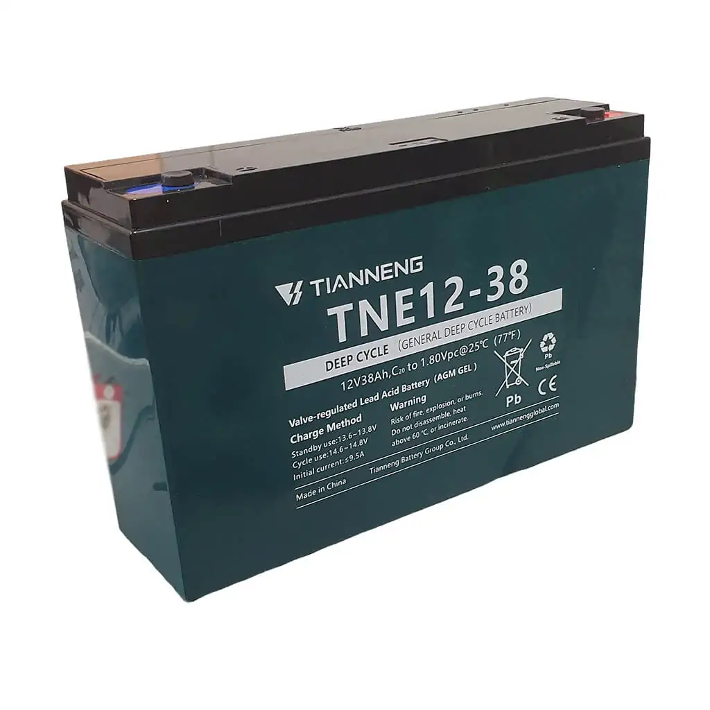 Tianneng TNE12-38 deep cycle battery, teal case with black top, 12V 38Ah.