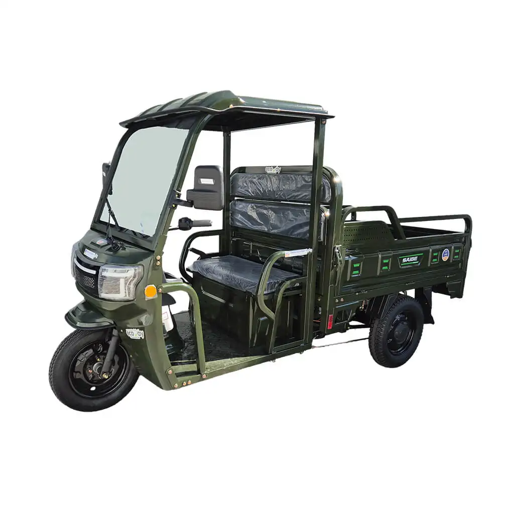 Green three-wheeled utility vehicle with an open cabin and rear cargo bed for transporting goods.