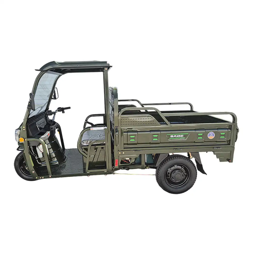 Olive-green three-wheeled cargo trike with an open rear cargo bed and a small front cabin for the driver.