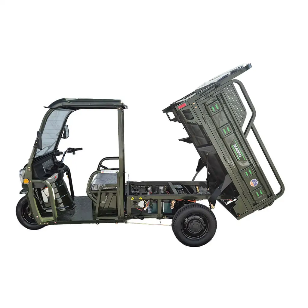 Military-green three-wheeled utility vehicle with a tilted dump bed exposing its cargo area and mechanical frame.