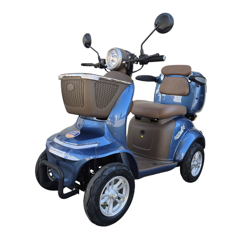 Lunar-Q-Blue-01 | EcoWay Скутери Blue mobility scooter with brown seat and backrest, front storage basket, and wide handlebars; four wheels on a white background.