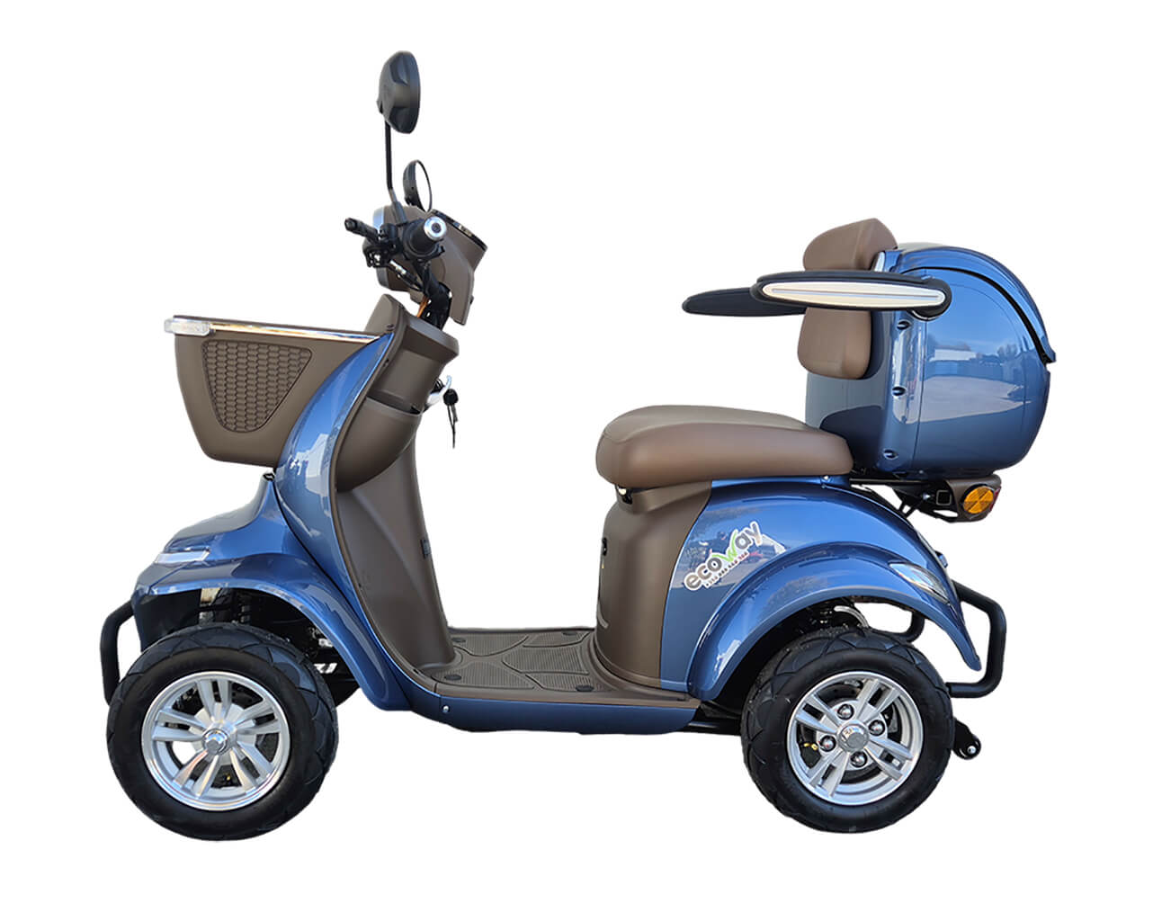 Lunar-Q-Blue-02 | EcoWay Скутери Blue four-wheeled mobility scooter with a brown seat, front basket, and rear storage case for carrying items