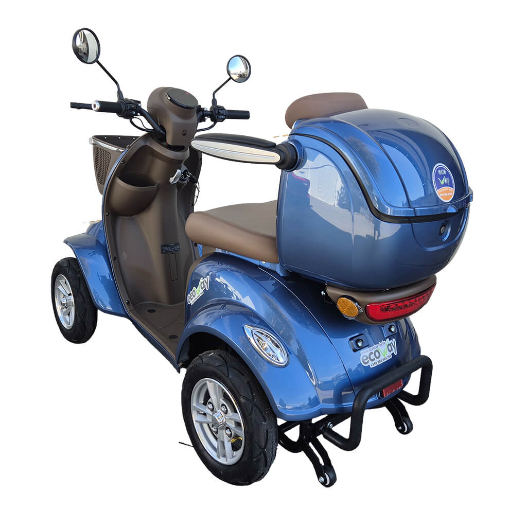 Lunar-Q-Blue-03 | EcoWay Скутери Three-wheeled blue mobility scooter with a large rear storage trunk and brown seat, shown from the rear-left side.