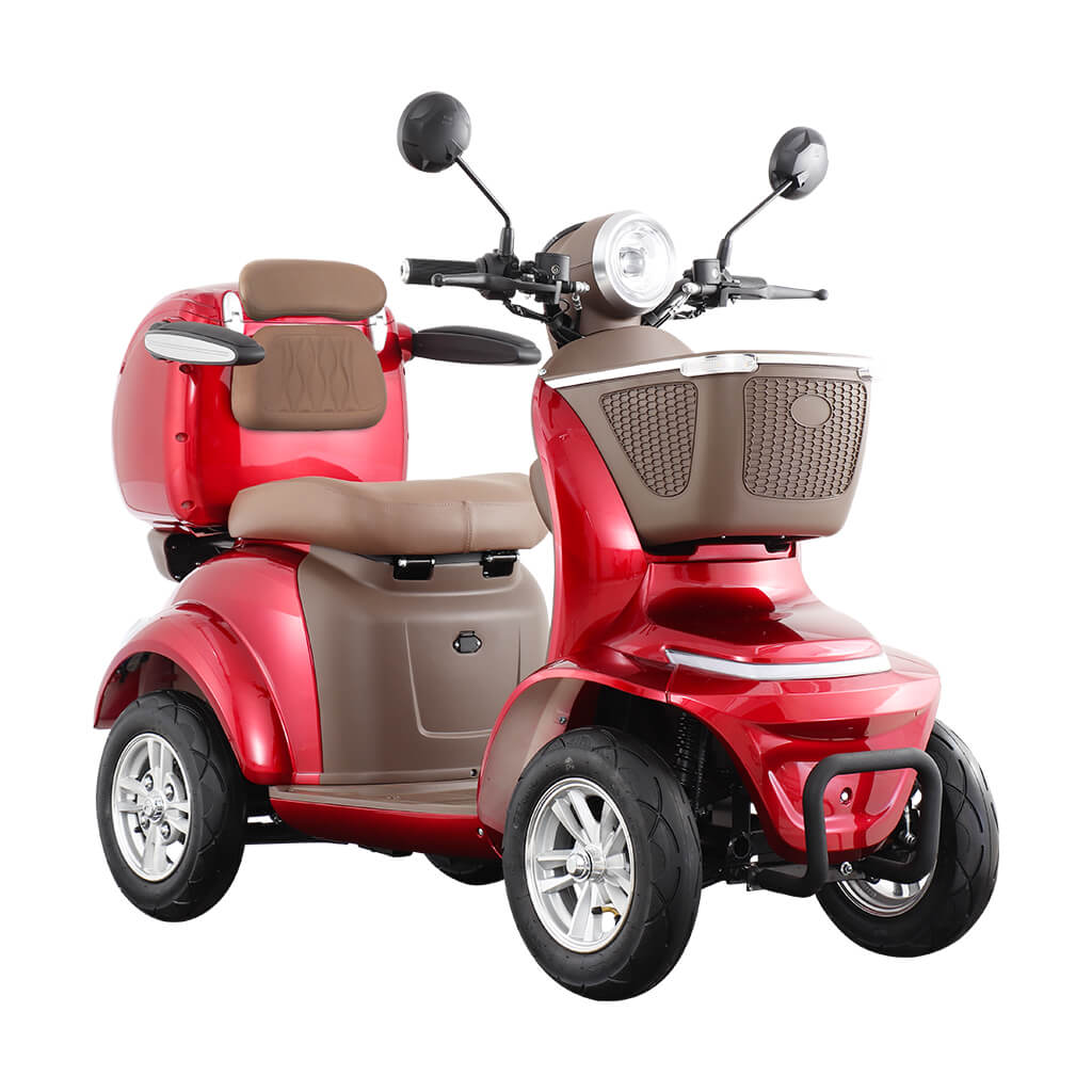 Lunar-Q-Red-01 | EcoWay Скутери Red three-wheeled mobility scooter with beige seat and backrest, front basket, and handlebars against a white background.