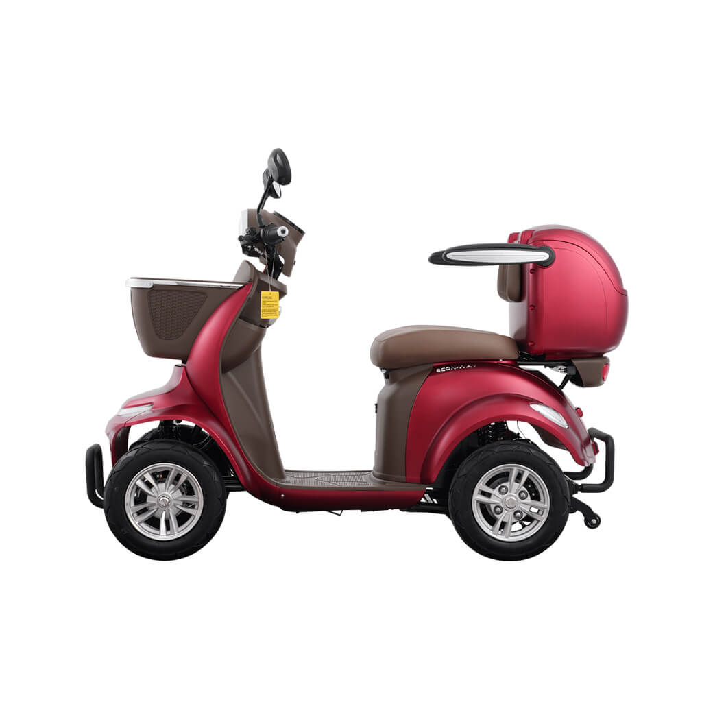 Lunar-Q-Red-02 | EcoWay Скутери Red mobility scooter with brown seat, front basket, and rear storage box/top case